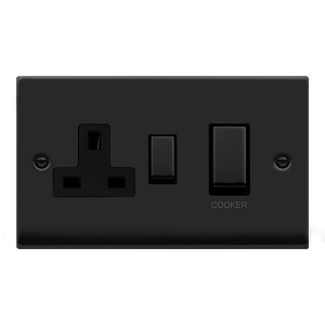 Click VPMB504BK Deco Matt Black 45A DP Cooker Control Switch With 13A Switchsocket, Ingot Switches & Black Inserts