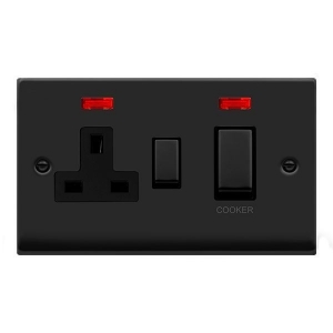 Click VPMB505BK Deco Matt Black 45A DP Cooker Control Switch With 13A Switchsocket, Neons, Ingot Switches & Black Inserts