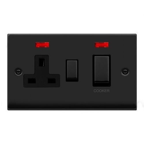 Click VPMB505BK Deco Matt Black 45A DP Cooker Control Switch With 13A Switchsocket, Neons, Ingot Switches & Black Inserts