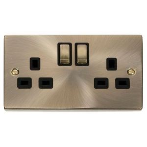 Click VPAB536BK Deco Antique Brass 2 Gang 13A DP Switchsocket With Ingot Switches & Black Inserts