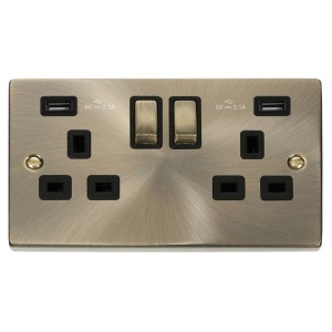Click VPAB580BK Deco Antique Brass 2 Gang 13A DP Switchsocket With Twin 2.1A Type A USB Outlets, Ingot Switches & Black Inserts