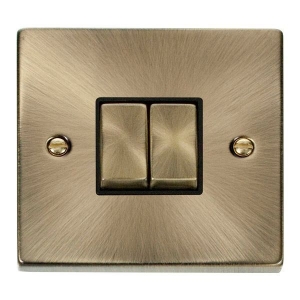 Click VPAB412BK Deco Antique Brass 2 Gang 2 Way 10Ax Plateswitch With Ingot Switches & Black Inserts
