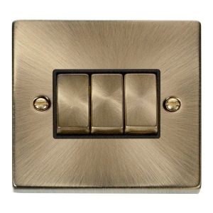 Click VPAB413BK Deco Antique Brass 3 Gang 2 Way 10Ax Plateswitch With Ingot Switches & Black Inserts