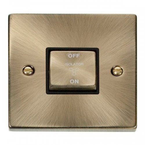 Click VPAB520BK Deco Antique Brass 1 Gang 10Ax TP Fan Isolator Switch With Ingot Switch & Black Inserts