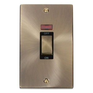 Click VPAB503BK Deco Antique Brass 45A DP Switch With Neon, Ingot Switch & Black Inserts On Large Vertical Plate