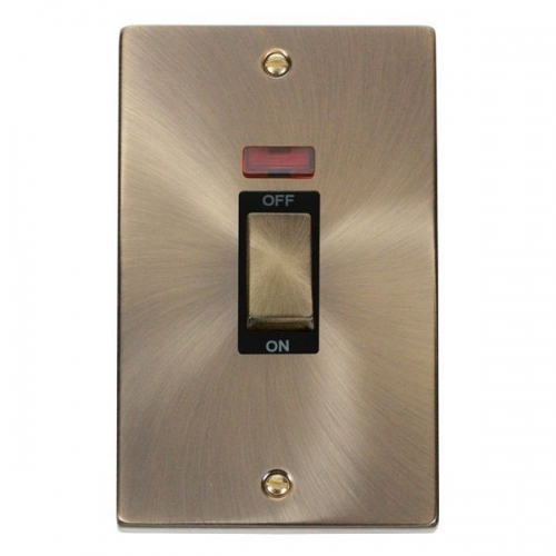 Click VPAB503BK Deco Antique Brass 45A DP Switch With Neon, Ingot Switch & Black Inserts On Large Vertical Plate