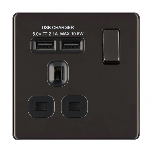 BG Electrical FBN21U2B Flatplate Black Nickel Screwless 1 Gang Switched Socket With 2 x 2.1A USB Charging Sockets, Black Insert & Dual Earth 13A