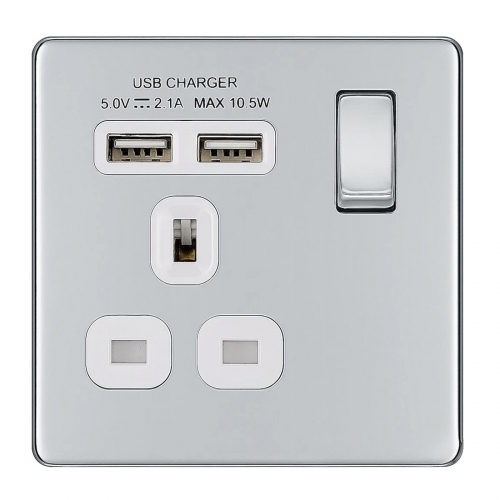 BG Electrical FPC21U2W Flatplate Polished Chrome Screwless 1 Gang Switched Socket With 2 x 2.1A USB Charging Sockets, White Insert & Dual Earth