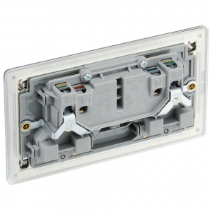 BG Electrical FBS22G Flatplate Brushed Steel Screwless 2 Gang Switched Socket With Grey Inserts & Dual Earth 13A