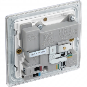 BG Electrical FPC21U2W Flatplate Polished Chrome Screwless 1 Gang Switched Socket With 2 x 2.1A USB Charging Sockets, White Insert & Dual Earth