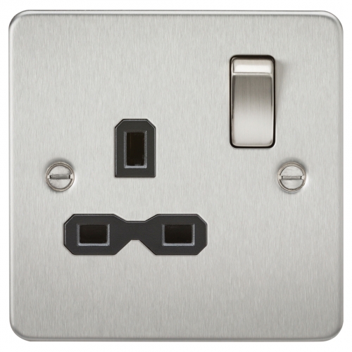 Knightsbridge FPR7000BC Brushed Chrome Flat Plate 1 Gang 13A DP Switched Socket With Black Insert