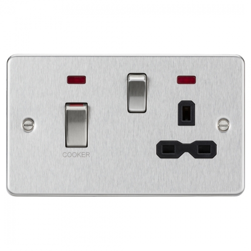 Knightsbridge FPR83MNBC Brushed Chrome Flat Plate 45A DP Cooker Control Switch With 13A Switched Socket With Neons & Black Insert