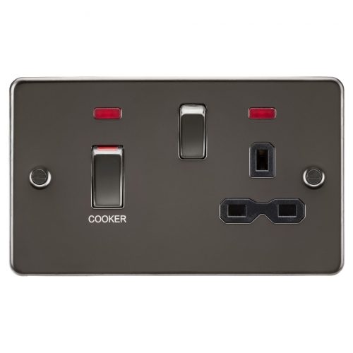 Knightsbridge FPR83MNGM Gunmetal Flat Plate 45A DP Cooker Control Switch With 13A Switched Socket With Neons & Black Insert