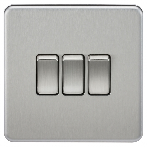 Knightsbridge SF4000BC Brushed Chrome Screwless Flat Plate 10Ax 3 Gang 2 Way Plateswitch
