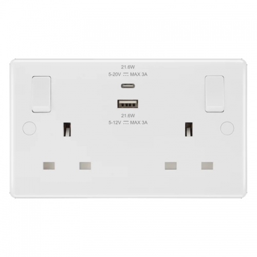 BG Electrical 822UAC22 Nexus White Moulded 2 Gang Single Pole 13A Switched Socket With 1 x Type A + 1 x Type C USB Charging Sockets 22W