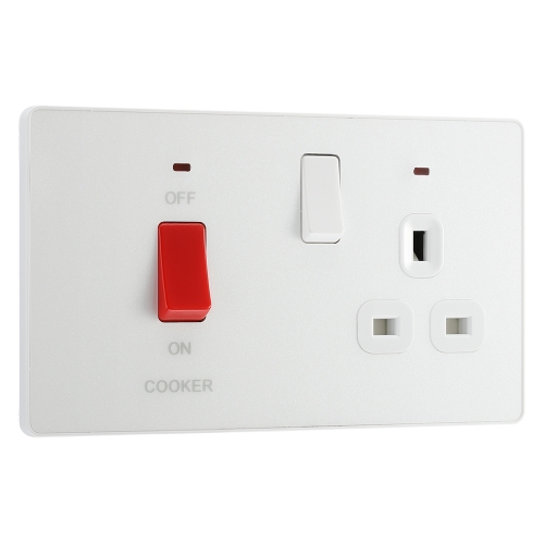 BG Electrical PCDCL70W Evolve Pearlescent White 45A DP Cooker Contol Unit With Mains Isolation Switch + Red Rocker, 13A Switchsocket & Neons