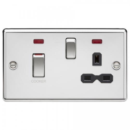 Knightsbridge CL83MNPC Polished Chrome Rounded Edge 45A DP Cooker Control Switch With 13A Switched Socket With Neons & Black Insert