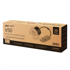 JCC Lighting JC1001/WHCP V50 (Pack of 10)  230V/6W 700Lm IP65 LED Fire Rated Downlights Two Colour Selectable White Bezels