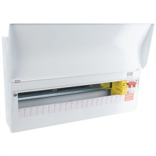 Lewden PRO-S19W-R1S White 19 Way Switch Isolator Surge Protected Consumer Unit With 100A Isolator & SRGT2B Type 2 Surge Protection Device Round Knockouts