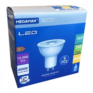 Megaman 710391E (Box of 5) Economy Series 4.2W 360Lm Non-Dimmable LED GU10 Lamp With Cool White 4000K LEDs