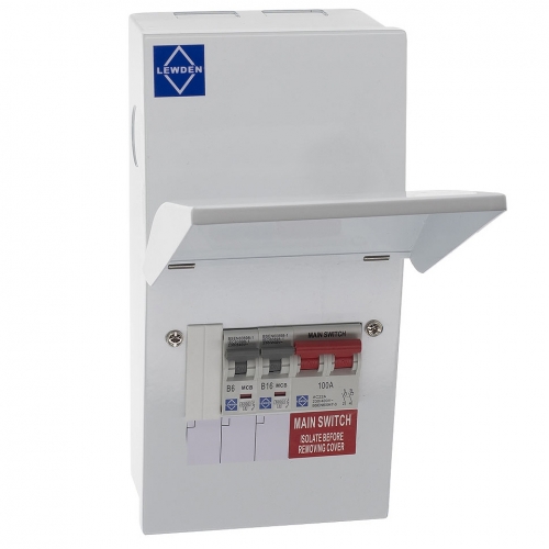 Lewden PRO-RGARAGE-MS Pro Series White Metal Pre-Populated 2+1 Way Garage Consumer Unit With 100A Switch Isolator, 1 x 6A + 1 x 16A MCBs