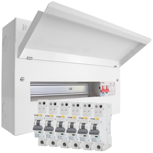 Scolmore CUEB12MSSP9-PP Elucian 12 Way Pre-Populated Surge Protected Switch Isolator Consumer Unit With 2x6A + 1x16A + 3x32A RCBOs & 4 Blank Modules