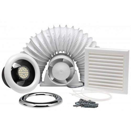 Xpelair ALL100 93290AW AirLine LED Showerlite Kit For Remote Switching With In-Line Fan, LED Showerlight, 3m 100mm Flexible Ducting, External Wall Grille