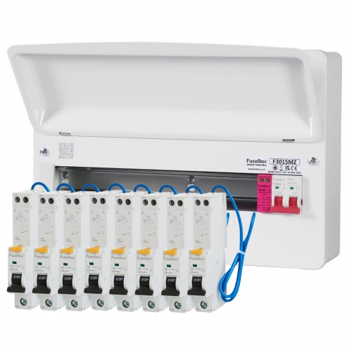 Fusebox F3015MX-PP 15 Way  Pre-Populated Surge Protected Switch Isolator Consumer Unit With 3x6A + 1x16A + 4x32A RCBOs & 7 Blank Modules