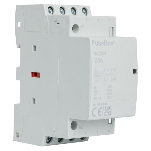 Fusebox INC254 2 Module Four Pole 25A 230V DIN Rail Contactor With N/O Contacts & 2x 9mm Heat Dissapation Modules