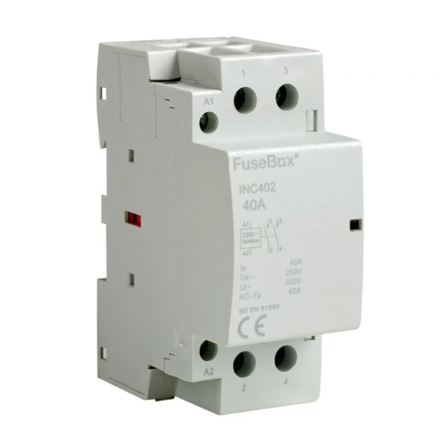 Fusebox INC402 2 Module Double Pole 40A 230V DIN Rail Contactor With N/O Contacts & 2x 9mm Heat Dissapation Modules