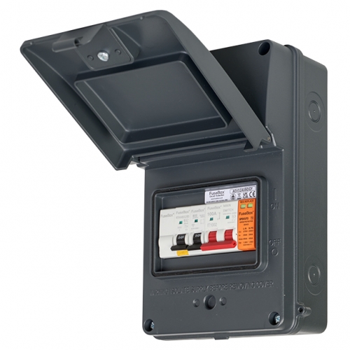 Fusebox AEV32AXBDGY Grey Aluminium IP65 Pre-Populated SPD EV Charger Consumer Unit With SPD, 100A Switch Isolator & 32A Type A Mini Bi-Directional RCBO