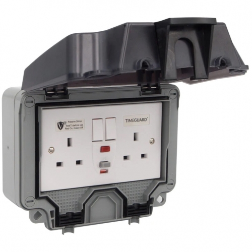 Timeguard TW1409DPP Weathersafe Grey 13A 30mA IP66 2 Gang Latching (Passive) RCD Protected White Switchsocket