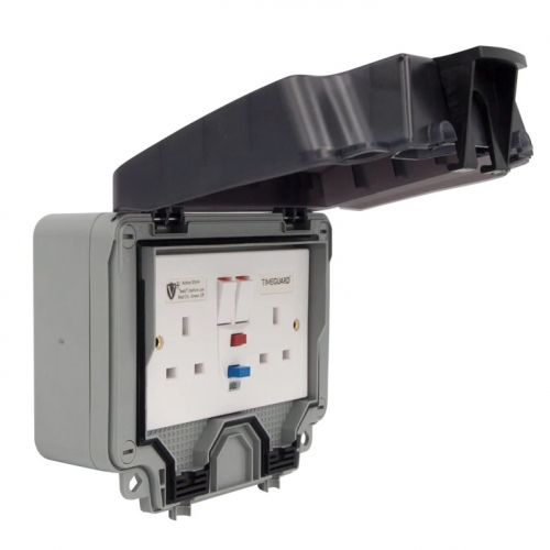 Timeguard TW1409DPA Weathersafe Grey 13A 30mA IP66 2 Gang Non-Latching (Active) RCD Protected White Switchsocket