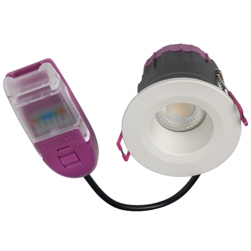 Robus RULA04-01 Ultimum Express White 4.9-6.4W 580-730Lm IP65 Fixed Ant-Glare Wattage + 4CCT Selectable LED Fire-Rated Downlight With White Reflector & Quick Release Connector