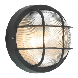 Forum Lighting CZ-20947-BLK Mars Black IP44 Round Bulkhead With Glass Ribbed Diffuser & Protective Grille - Requires 1 x 10W GLS ES LED Lamp 240V
