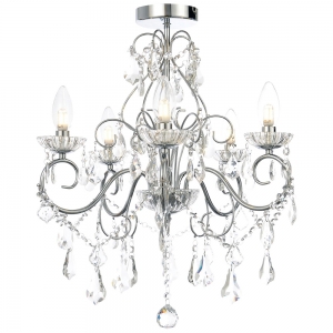 Forum Lighting SPA-19713-CHR Vela Chrome IP44 Decorative 5 Light Flush Ceiling Chandelier With Clear Glass Crystal Droplets - Requires 5 x 3W G9 LED Lamps 240V