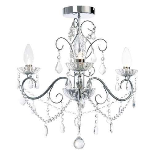 Forum Lighting SPA-20182-CHR Vela Chrome IP44 Decorative 3 Light Flush Ceiling Chandelier With Clear Glass Crystal Droplets - Requires 3 x 3W G9 LED Lamps 240V