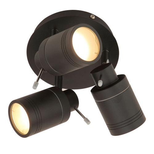 Forum Lighting  SPA-27405-MBLK Scorpius Matt Black IP44 Triple Light GU10 Round Plate Spotlight With 3 x Adjustable Spotlight Heads - Requires 3 x 7W GU10 LED Lamps 240V