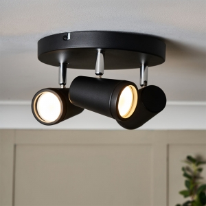 Forum Lighting  SPA-35080-MBLK Freya Matt Black IP44 Triple Light GU10 Round Plate Spotlight With 3 x Adjustable Spotlight Heads - Requires 3 x 7W GU10 LED Lamps 240V