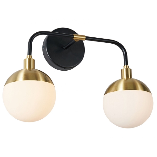Forum Lighting SPA-35812-BLK Lille Black + Satin Brass IP44 2 Wall Light With Globe Opal Glass Shades - Requires 2 x 3W G9 LED Lamps 240V