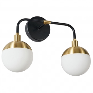 Forum Lighting SPA-35812-BLK Lille Black + Satin Brass IP44 2 Wall Light With Globe Opal Glass Shades - Requires 2 x 3W G9 LED Lamps 240V