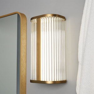 Forum Lightng SPA-44380-SBRS Nayru Satin Brass IP44 8W 710Lm 2CCT LED Wall Light With Opal Ribbed Shade & Cool (4000K) + Warm (3000K) White LEDs 240V