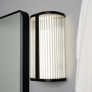 Forum Lightng SPA-44381-MBLK Nayru Matt Black IP44 8W 710Lm 2CCT LED Wall Light With Opal Ribbed Shade & Cool (4000K) + Warm (3000K) White LEDs 240V