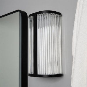 Forum Lightng SPA-44381-MBLK Nayru Matt Black IP44 8W 710Lm 2CCT LED Wall Light With Opal Ribbed Shade & Cool (4000K) + Warm (3000K) White LEDs 240V