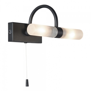Forum Lighting SPA-6888.014-SBLK Corvus Satin Black IP44 2 Light Decorative Swan-Neck Wall Light With Frosted Tubular Shades & Pullcord Switch - Requires 2 x 3W G9 LED Lamps 240V