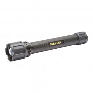 Stanley SXLS50103E Black IP44 7W 50Lm-800Lm 260m Beam Distance Adjustable LED Hand Torch With Daylight White 6000K LEDs, Adjustable Focus, Pushbutton ON/OFF + 3 Modes & 3 x C Duracell Batteries