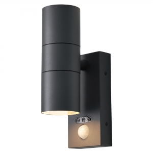 Forum Lighting ZN-29179-ANTH-65 Leto Anthracite IP65 Up + Down GU10 Tubular Security Wall Light With 110° | 8m PIR + Manual Override - Requires 2 x 7W GU10 LED Lamps 240V