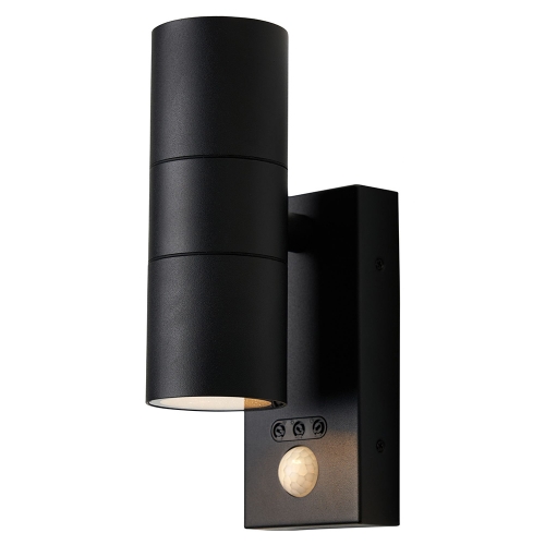 Forum Lighting ZN-29179-BLK-65 Leto Black IP65 Up + Down GU10 Tubular Security Wall Light With 110° | 8m PIR + Manual Override - Requires 2 x 7W GU10 LED Lamps 240V