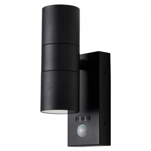 Forum Lighting ZN-29179-BLK-65 Leto Black IP65 Up + Down GU10 Tubular Security Wall Light With 110° | 8m PIR + Manual Override - Requires 2 x 7W GU10 LED Lamps 240V