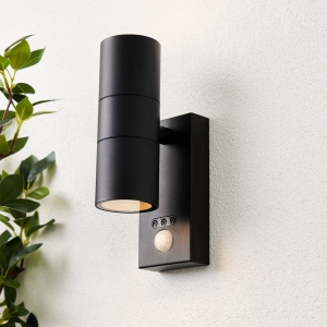 Forum Lighting ZN-29179-BLK-65 Leto Black IP65 Up + Down GU10 Tubular Security Wall Light With 110° | 8m PIR + Manual Override - Requires 2 x 7W GU10 LED Lamps 240V
